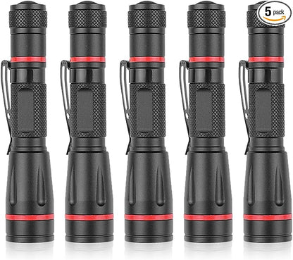 5 Pack LED Flashlights, Handheld Pen Light Flashlight, Pocket Torch PenLight with Clip, Zoomable, Waterproof, Slim Led Pen Flashlight for Camping, Outdoor