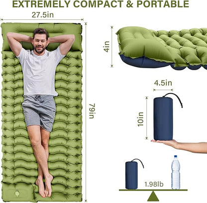 Yuzonc Camping Sleeping Pad, Ultralight Camping Mat with Pillow Built-in Foot Pump Inflatable Sleeping Pads Compact for Camping Backpacking Hiking Traveling Tent