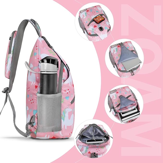 ZOMAKE Sling Bag for Women Men, Small Crossbody Sling Backpack, Mini Water Resistant Shoulder Daypack for Travel, Anti Thief Chest Bag for Hiking, Sports(Unicorn Pink)