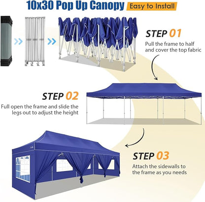 HOTEEL 10x30 Pop up Canopy Tent for Parties, Heavy Duty Easy Setup Tent with 8 Sidewalls, Outdoor Commercial Instant Gazebo for Wedding Event, with Portable Bag & Sand Bags, Dark Blue(Hexagonal Frame)