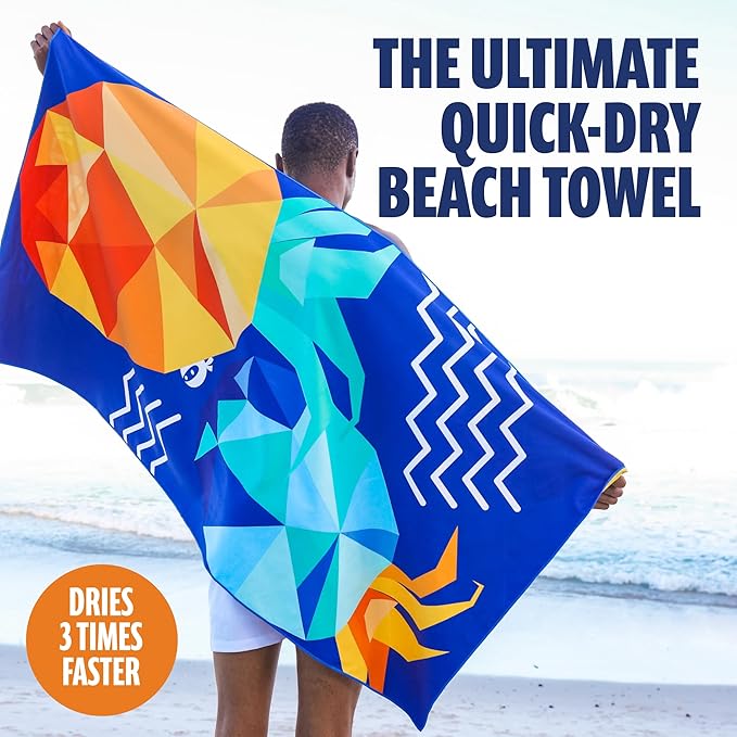 SUN NINJA Microfiber Beach Towel - Sand Free, Quick Dry, Lightweight & Compact for Beach, Pool, Yoga and Camping - 63x32 inch Super Absorbent, Large Sand Free Swim Towels for Adults and Kids