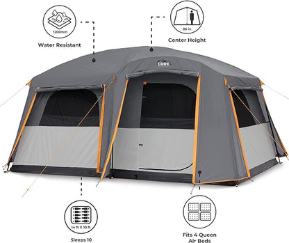 CORE Tent for Family Camping | 10 Person / 11 Person / 12 Person Large Multi Room Cabin Tents for Car Camping & Outdoor Adventures