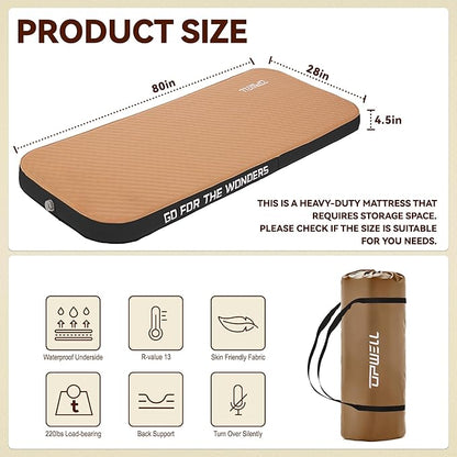 UPWELL Self Inflating Sleeping Pad 4.5" Thickness Camping Mattress with Solid Foam Portable Fast Inflation for Outdoor Single Sleeping Mat Portable Roll Up Bed Brown&Black