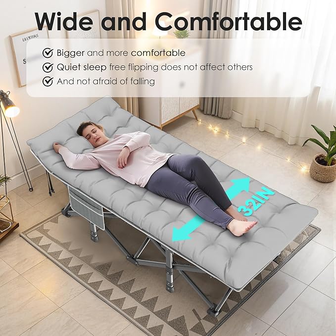 Suteck Camping Cot, 32In XXL Folding Camping Cot Heavy Duty Sleeping Bed for Adults 1200D Double Layer Oxford Cots for Camping W/Pilllow Mattress Carry Bag for Home Office Nap Beach Travel, 500LBS