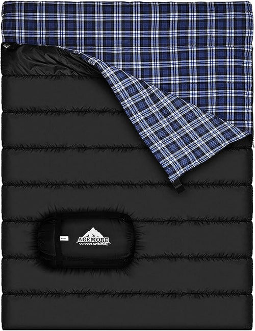 AGEMORE Cotton Flannel Double Sleeping Bag for Camping, Backpacking Or Hiking. Queen Size 2 Person Waterproof Sleeping Bag for Adults Or Teens. Lightweight with Compression Sack