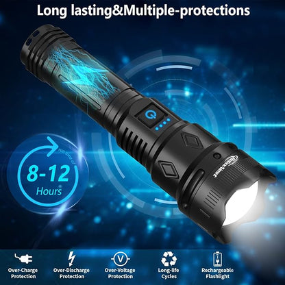 Rechargeable Flashlights High lumens, Powerful 300000LM Tactical Flashlights, 5 Modes LED Flashlight Zoomable, Brightest Flashlight Waterproof, Handheld Flash Light for Home, Emergencies, Camping