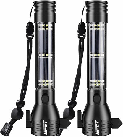 NPET T09 Solar Flashlight Car Flashlight 268 Lumens LED COB Light USB Rechargeable Tactical Multi-Function Torch Tool with Window Breaker Seat Belt Cutter Compass (T09-2pack)