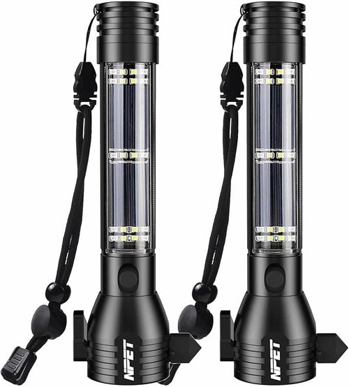 NPET T09 Solar Flashlight Car Flashlight 268 Lumens LED COB Light USB Rechargeable Tactical Multi-Function Torch Tool with Window Breaker Seat Belt Cutter Compass (T09-2pack)
