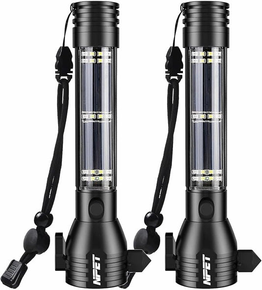 NPET T09 Solar Flashlight Car Flashlight 268 Lumens LED COB Light USB Rechargeable Tactical Multi-Function Torch Tool with Window Breaker Seat Belt Cutter Compass (T09-2pack)