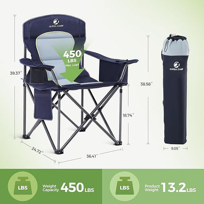 LET'S CAMP Oversized Folding Camping Chair Portable Outdoor Heavy Duty Padded Chairs Lawn Chair with Cup Holder, Storage Pocket and Cooler Bag, Supports 450LBS, for Camp, Travel, Picnic (Blue)