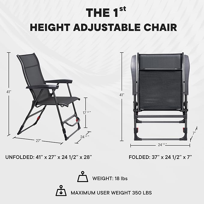 Sports Chair - Height Adjustable Camping Chair with 3 Levels, Lightweight Aluminum, Mesh Back - Rise Above The Crowd with Ultimate Comfort & Versatility