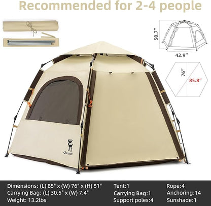 Tents for Camping 2 Person Waterproof Pop Up Camping Tent with Screen Porch 4 Ventilation Mesh Windows & 2 Doors Portable for Camping, Hiking, Beach, Backpacking, and Outdoors