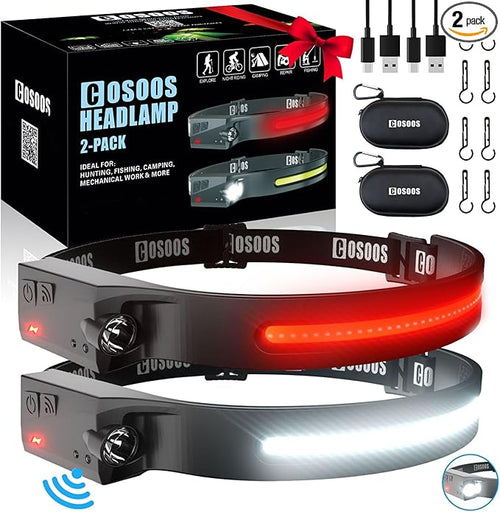 COSOOS Original 2 Rechargeable Headlamp Flashlight w/Red Light & Carry Case,1000 Lumen Bright LED Head Lamp Wide Beam, Motion Sensor, 2.4 oz Lightweight Headlight for Hiking & Camping Gear