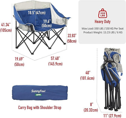 SUNNYFEEL Folding Double Camping Chair, Oversized Loveseat Chair, Heavy Duty Portable/Foldable Lawn Chair with Storage for Outside/Outdoor/Travel/Picnic, Fold Up Camp Chairs for Adults 2 People