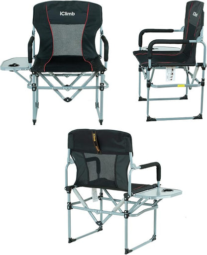 iClimb Heavy Duty Compact Camping Folding Mesh Chair with Side Table and Handle