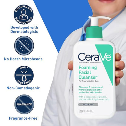 CeraVe Foaming Facial Cleanser, Daily Face Wash for Oily Skin, Hyaluronic Acid + Ceramides + Niacinamide, Fragrance Free & Paraben Free, Non-Drying Oil Control Face Wash, 16 Fluid Ounces