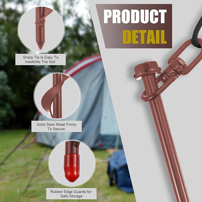 Reginary 6 Pcs Ground Anchors Screw in Tent Stakes Heavy Duty Trampoline Anchors High Wind for Camping Canopy Carport Sheds Beach Sand Stakes Metal Swing Set (Brown)