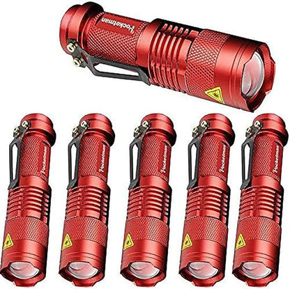6 Pack,Pocketman 7W 300LM 3 Modes Mini Light Red LED Tactical Flashlight