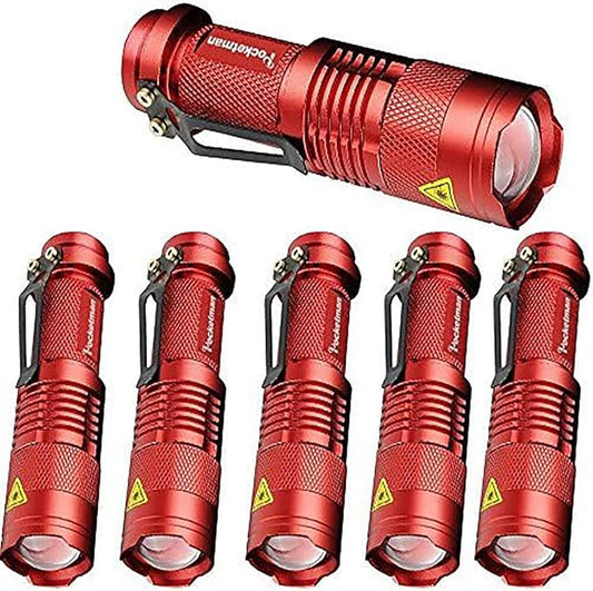 6 Pack,Pocketman 7W 300LM 3 Modes Mini Light Red LED Tactical Flashlight
