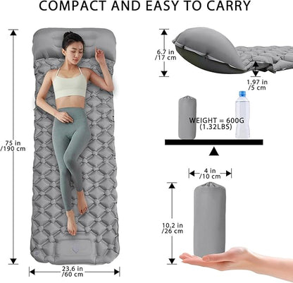 MEI&CO Lightweight Convertible Double Inflatable Camping Pad – 2-in-1 Single Pads Built-in Pillow – Quick Inflate Foot Pump, 660lb Capacity – Perfect for Couples & Family Adventures (2, Gray)