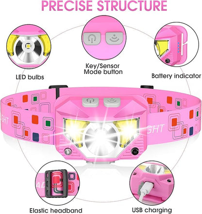 LHKNL Headlamp Flashlight, High Lumen Bright LED Rechargeable Headlight with White Red Light, 2-Pack Waterproof Motion Sensor Head Lamp, 8 Mode for Camping Running Hiking Fishing Gear- Pink