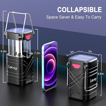 LETMY 4 Pack Camping Lantern, Rechargeable LED Lanterns, Solar Lantern Battery Powered Hurricane Lanterns Flashlight with 3 Powered Ways & USB Cable for Emergency, Power Outage, Hurricane Supplies