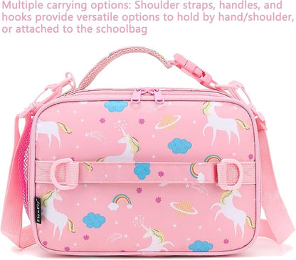 FlowFly Kids Lunch Bag, Durable Insulated School Lunch Box with Shoulder Strap and Bottle Holder, Water-resistant Thermal Small Lunch Cooler Tote for Teen Boys & Girls,Pink#Unicorn