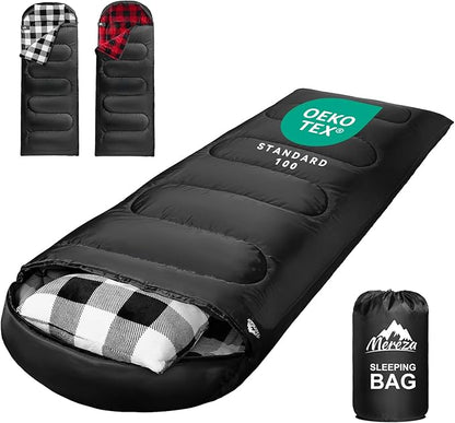 MEREZA Flannel Sleeping Bag for Adults Mens with Pillow, XL Cold Weather Sleeping Bag for 30 Degree 4 Season Camping Large Big and Tall Sleeping Bags with Compression Sack