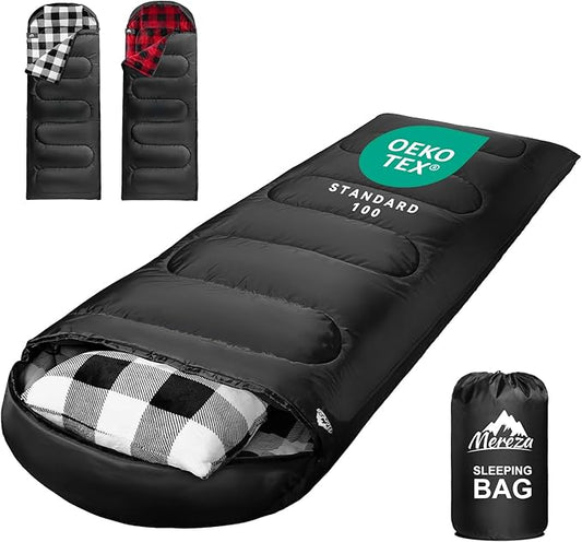 MEREZA Flannel Sleeping Bag for Adults Mens with Pillow, XL Cold Weather Sleeping Bag for 30 Degree 4 Season Camping Large Big and Tall Sleeping Bags with Compression Sack