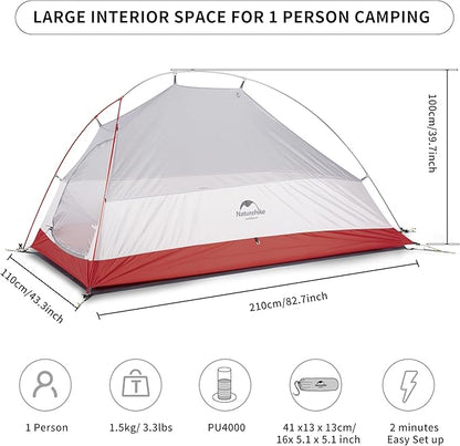 Naturehike Cloud-Up 1 Person Tent, Lightweight Backpacking Tents for One Man, Waterproof Ultralight One Person Tent for Camping Hiking Backpacking