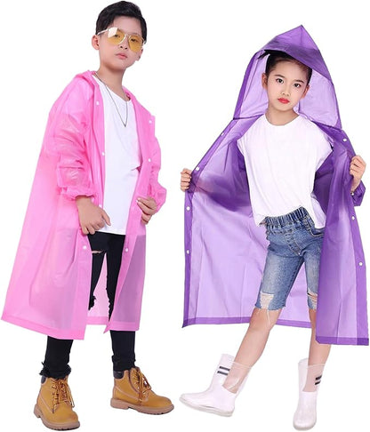 2 Pack Rain Ponchos for Kids, Reusable Kids Rain Jacket with Hood Waterproof Raincoats for Boys and Girls