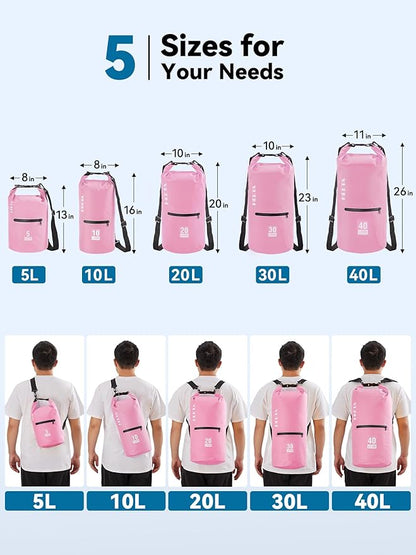 HEETA Waterproof Dry Bag with Phone Case Bundled with Upgraded Dry Bag with Zippered Pocket for Women & Men, Roll Top Lightweight Dry Storage Bag Backpack for Kayaking, Boating, Camping (Pink 5L)