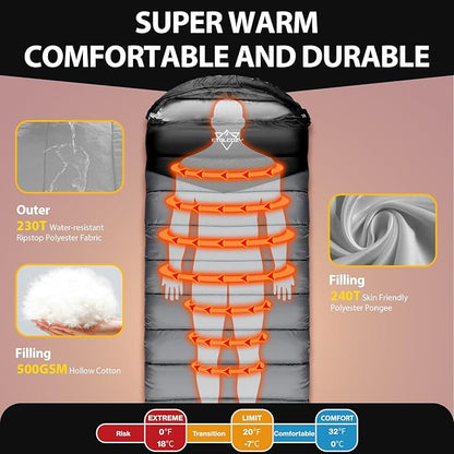 Adult Kids Sleeping Bag - All Season Warm/Cold Weather Lightweight for Camping & Hiking - Compact w/Compression Sack - Portable for Backpacking Travel Indoor - Unisex Boy Girl Man Woman