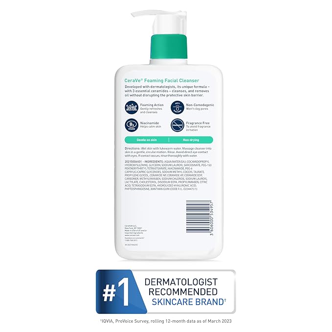 CeraVe Foaming Facial Cleanser, Daily Face Wash for Oily Skin, Hyaluronic Acid + Ceramides + Niacinamide, Fragrance Free & Paraben Free, Non-Drying Oil Control Face Wash, 16 Fluid Ounces
