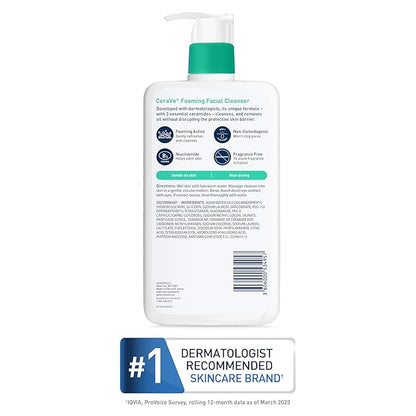 CeraVe Foaming Facial Cleanser, Daily Face Wash for Oily Skin, Hyaluronic Acid + Ceramides + Niacinamide, Fragrance Free & Paraben Free, Non-Drying Oil Control Face Wash, 16 Fluid Ounces