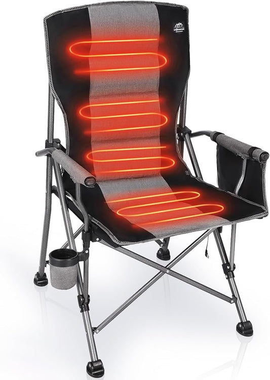 Heated Camping Chair w/Hard Armrest,3 Heat Levels Folding Outdoor Camp Chair w/Cup Holder,Heavy Duty Padded Portable Heating Lawn Chair Support 400 Lbs,Black,Battery NOT Included