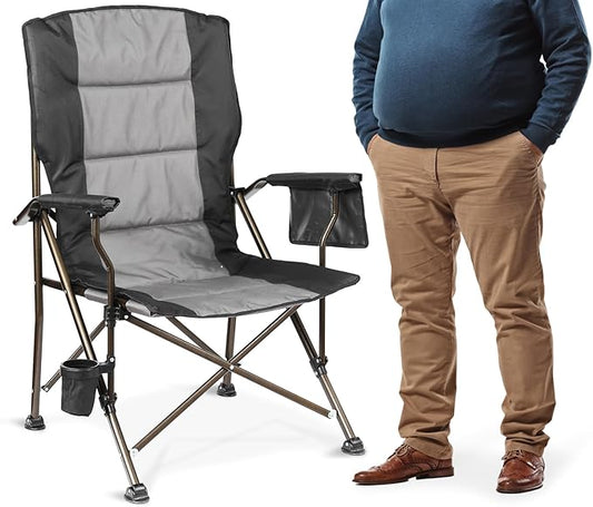 Large High Back Camping Chair for Adults - Comfortable Oversized for Tall People, Heavy Duty & 450lbs Capacity K-Frame, Padded Seat & Armrests for Sitting Fishing Outside, Cup Holder (Black)