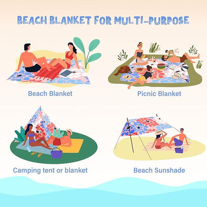 Beach Blanket Waterproof Sandproof 1-7 Adult Oversized 78 '' × 110 '' Lightweight Durable Compact Sand Free Beach Mat for Travel Camping Hiking Picnic Blanket Extra Large