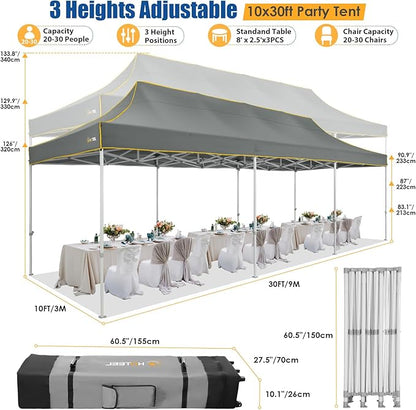HOTEEL 10x30 Pop up Canopy Tent for Parties, Heavy Duty Easy Setup Tent Without Sidewalls, Outdoor Commercial Instant Gazebo for Wedding Event, with Portable Bag, Grey(Hexagonal Frame)