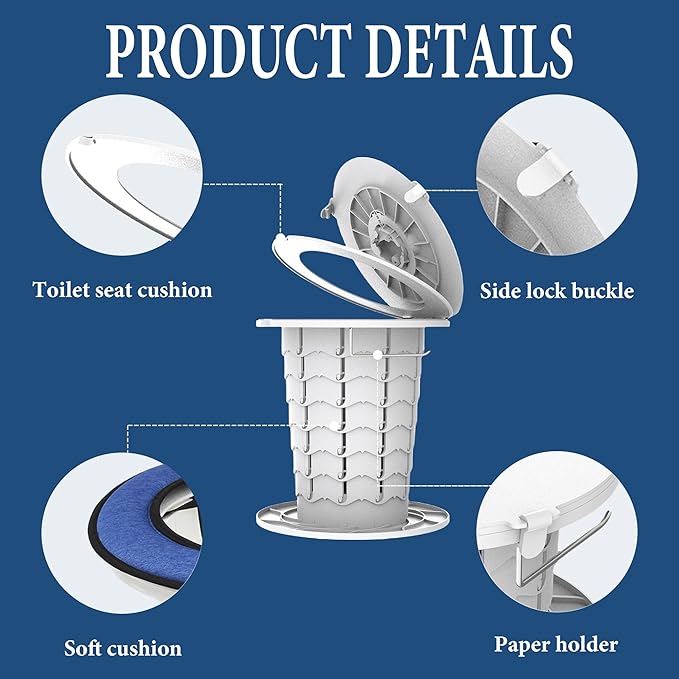 Upgraded Retractable Portable Toilet with Cushion,Adjustable Height Camp Toilet with Paper Holder,Lightweight Portable Potty for Camping,Car,Travel,Boat,Tent and Emergency Use