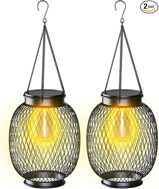 Lanterns Outdoor Waterproof, Collasis 2 Pack Vintage Metal Hanging Lanterns with Hooks Solar Garden Decoration Lights Solar Lights Outdoor for Patio Balcony Yard Lawn, Black
