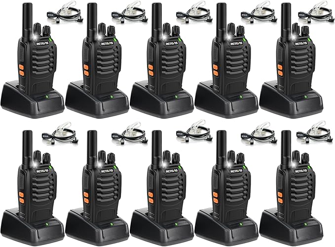 Retevis H-777 2 Way Radios,Walkie Talkies with Earpiece,Rechargeable Long Range Two Way Radio,Shock Resistant, Emergency Alarm,Short Antenna for Restruant School Construction Site (10 Pack)