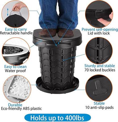 Fishboy Upgraded Portable Toilet for Camping, Adjustable Retractable Outdoor Toilet, Travel Potty with Carrying Handle and Storage Bag for Adults Kids for Hiking, Trips, Tent, Boat, Beach (Black)