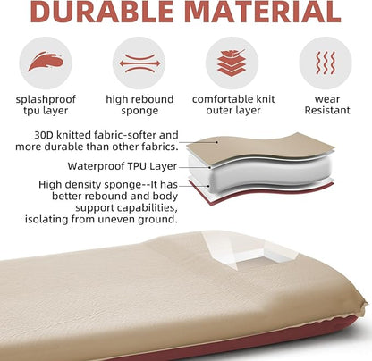 INVOKER 3.15" Self-Inflating Camping Sleeping Pad, Ultra-Thick Foam Fast Inflating Camping Mat Air Mattress with Pillow, 4-Season Insulated for Tent, Car, Camping, Travel, Khaki with Pink-Orange