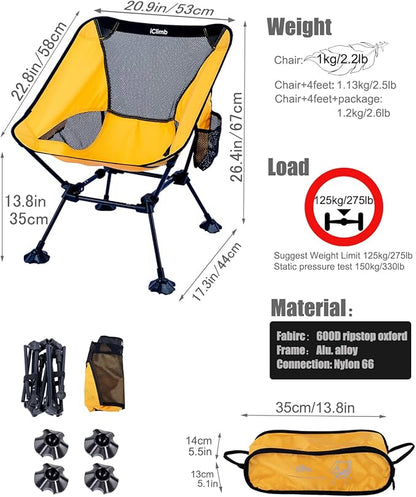 iClimb Ultralight Compact Camping Folding Beach Chair with Anti-Sinking Large Feet