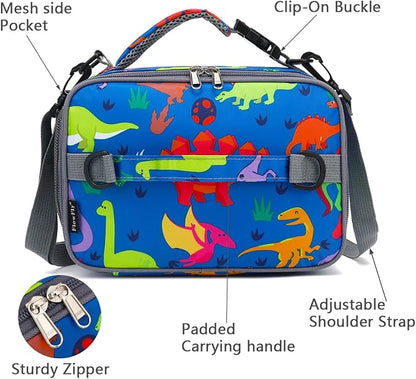FlowFly Kids Lunch Bag, Durable Insulated School Lunch Box with Shoulder Strap and Bottle Holder, Water-resistant Thermal Small Lunch Cooler Tote for Teen Boys & Girls,Dinosaur