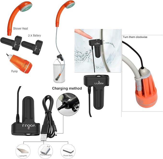 COSWE Portable Camping Shower, Outdoor Camp Pump with Rechargeable 4400mAH Battery and 130LM Led Lighting Device for Camping Hiking Outdoor Beach Garden