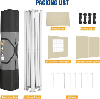 HOTEEL 10x10 Pop up Canopy Tent for Parties, Heavy Duty Easy Setup Tent with 4 Sidewalls, Outdoor Commercial Instant Gazebo for Wedding Event, with Portable Bag & Sand Bags, Khaki(Hexagonal Frame)