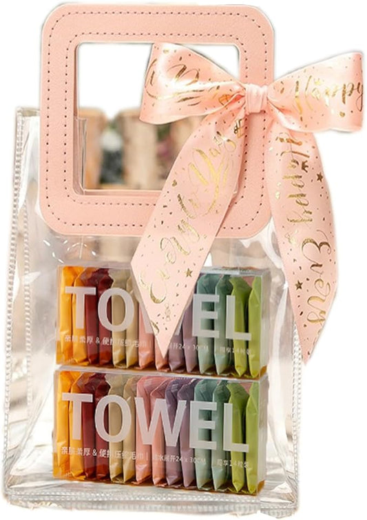 Compressed Towel Tablet Portable Face Towel Washcloth Reusable 28 Pack Wet and Dry Disposable Towel, Baby Towel or Dog Towel Camping Wipes for Travel Hiking Home Beauty (Bag)