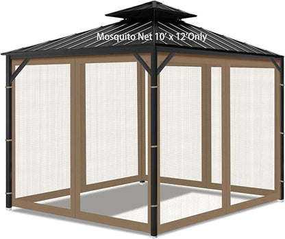 Gazebo Universal Replacement Mosquito Netting, 10' x 12' Outdoor Mesh Netting Screen 4-Panel Sidewall with Zipper for Patio Canopy Garden Porch Pergolas and Backyard, Khaki(Mosquito Net Only)